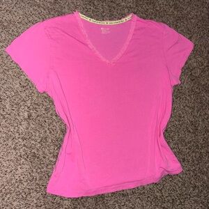 Y2K Pink lace frill trim V-neck short sleeve shirt